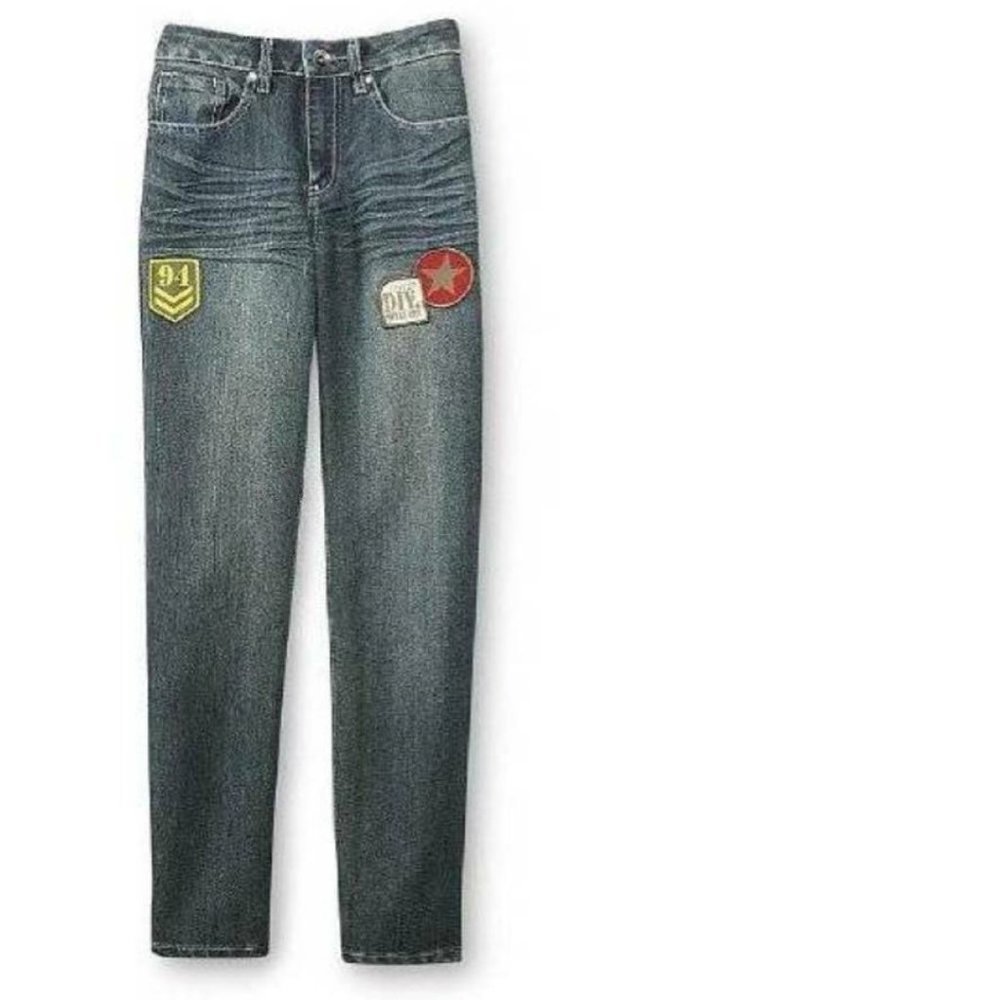 Route 66 Jeans 5 Girls Blue Crinkled Military Patches Denim Straight 5 Pocket